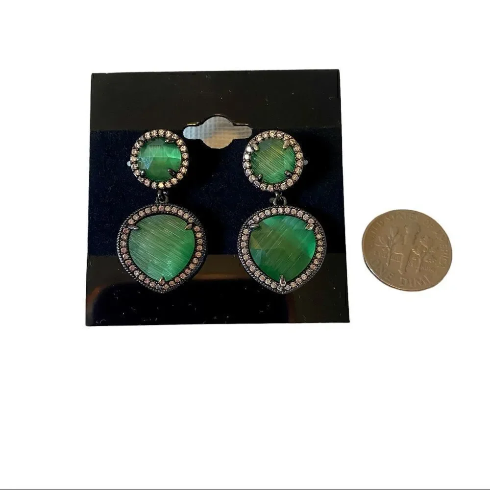 Faceted Green Stone & Pave Crystal Drop Earrings